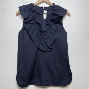 Marni Women Poplin Cotton Top 38 Navy Blue Ruffle V-Neck Old Money Minimalist
